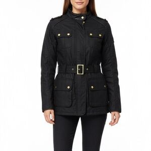 Authentic Barbour Belted Waxed Jacket - Black - Leather Trim Sz US 8 UK 12